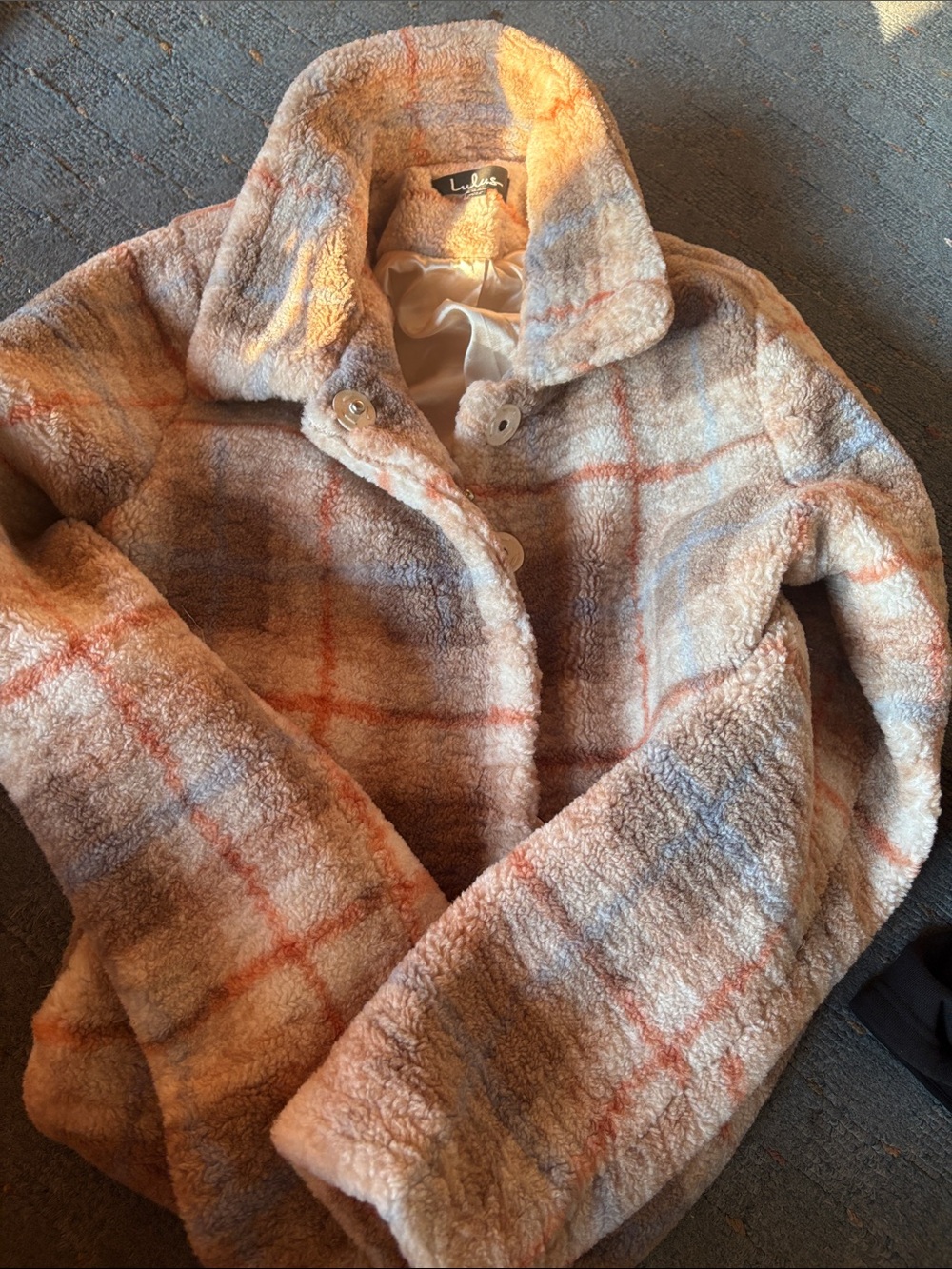 Lulu's Cream Sherpa Jacket with Blue & Orange Plaid